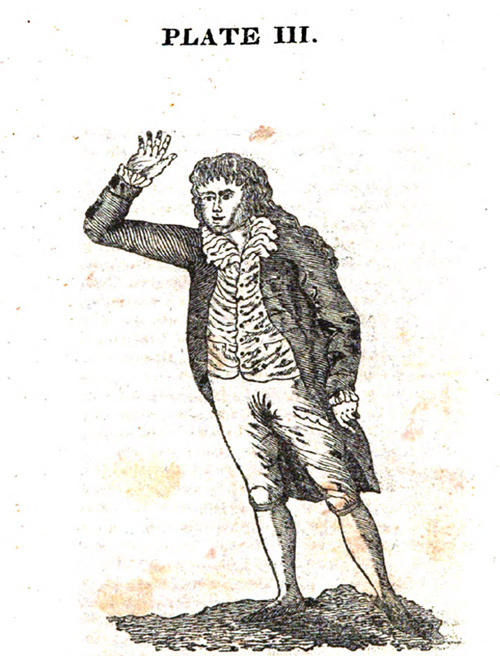 While leaning forward, a boy lifts his hand skyward