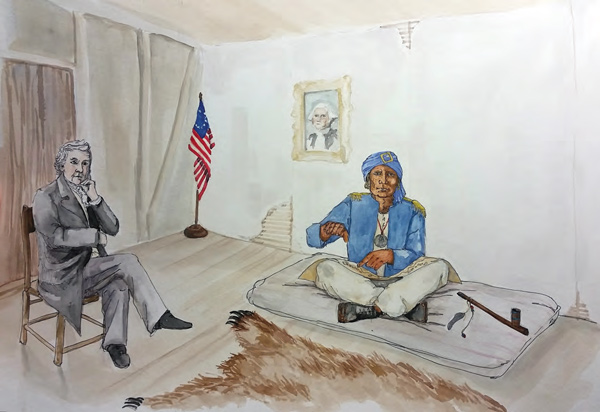Interpretive painting of an Indian sitting on a floor mattress in a hotel room