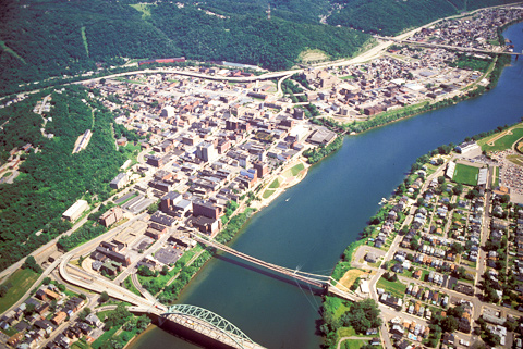 Aerial view of Wheeling with multiple bridges across the Ohio River