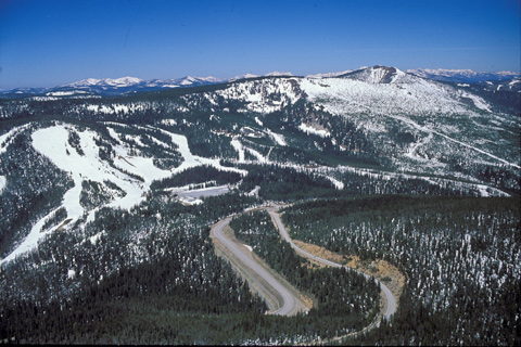 Mountain pass with highway and ski area