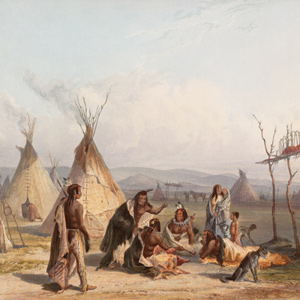 Yankton Sioux encampment with tepees and scaffold graves