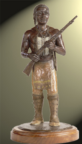 Statue of a black man wearing leather pants and no shirt and holding a rifle